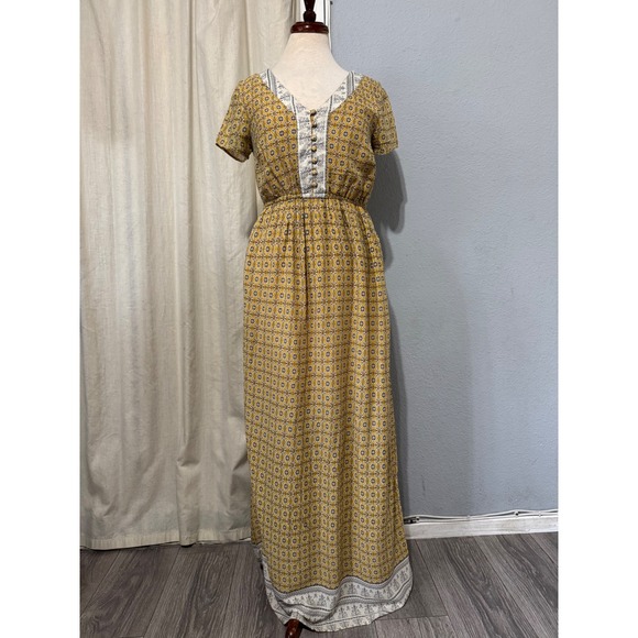 Emberley Women Yellow Geometric Print Maxi Dress Short Sleeve V Neck Bohemian S - Picture 2 of 12